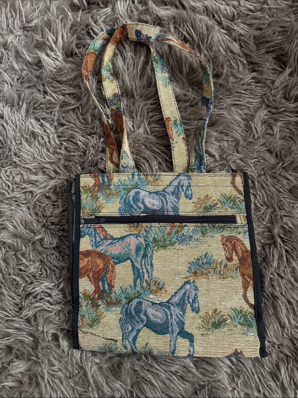Horse Print Tote Bag in Beige and Blue